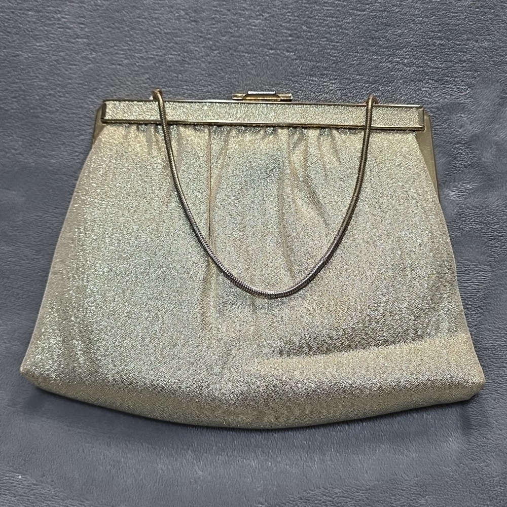 Vtg Ande 1960s Gold Lame Shimmer Clutch / Handbag Clip Clasp & Chain MCM Glamor‎